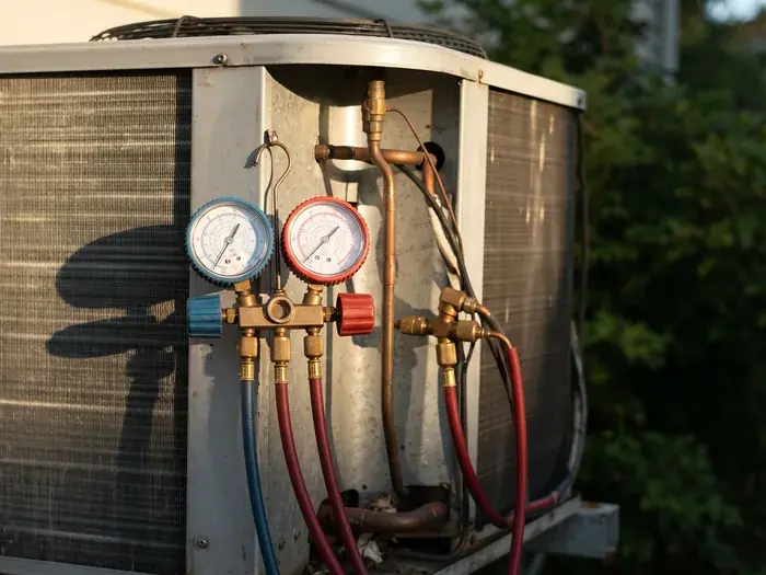 A close daylight detail of refrigerant gauges on the service valves of an outdoor unit, the fins clean, no people