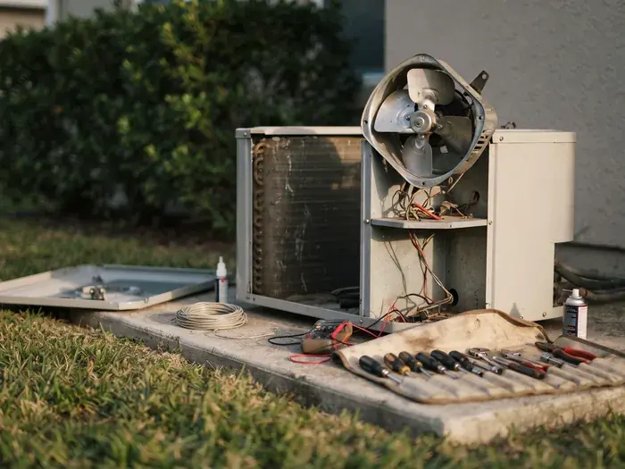 An outdoor unit with the top off and the fan motor lifted out, tools laid on the pad, no people