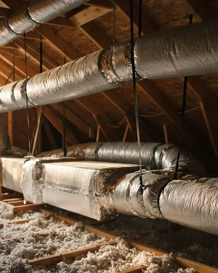 New flexible ducts strapped straight in an attic