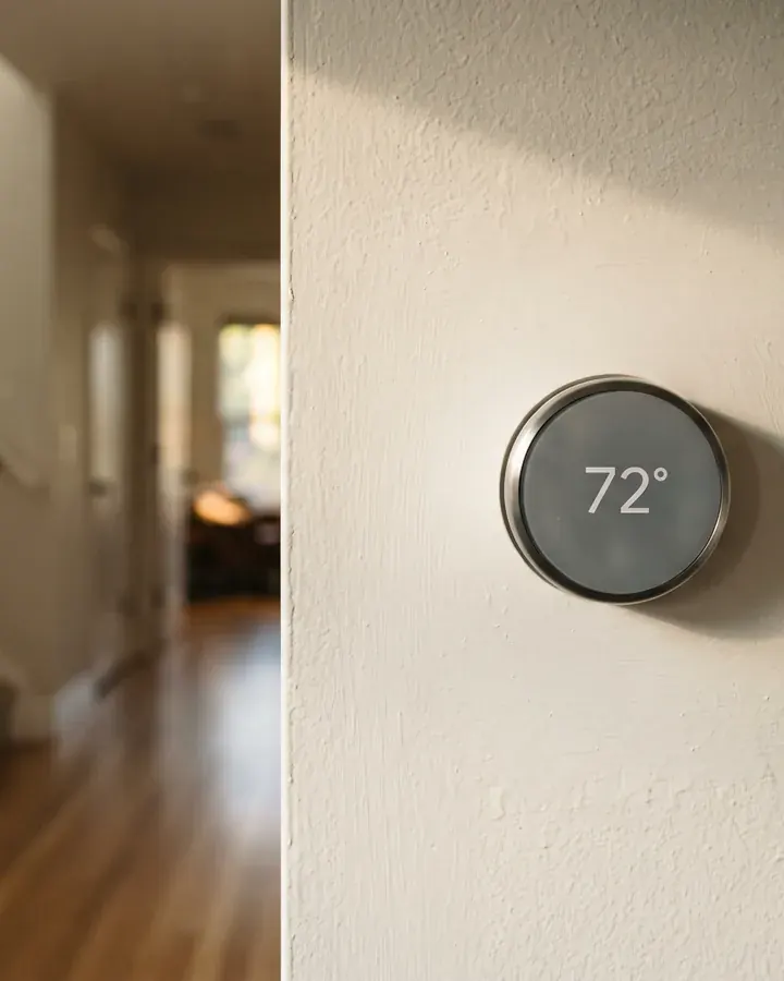 A new smart thermostat on a hallway wall