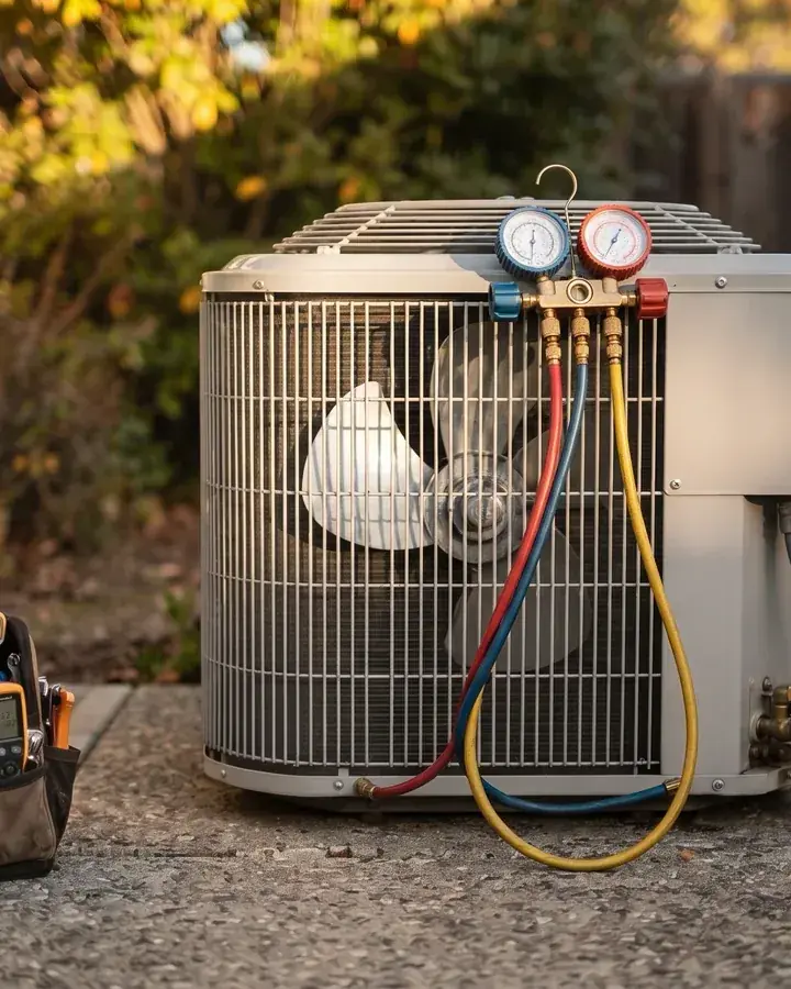 A technician's gauges on an outdoor unit during a tune up